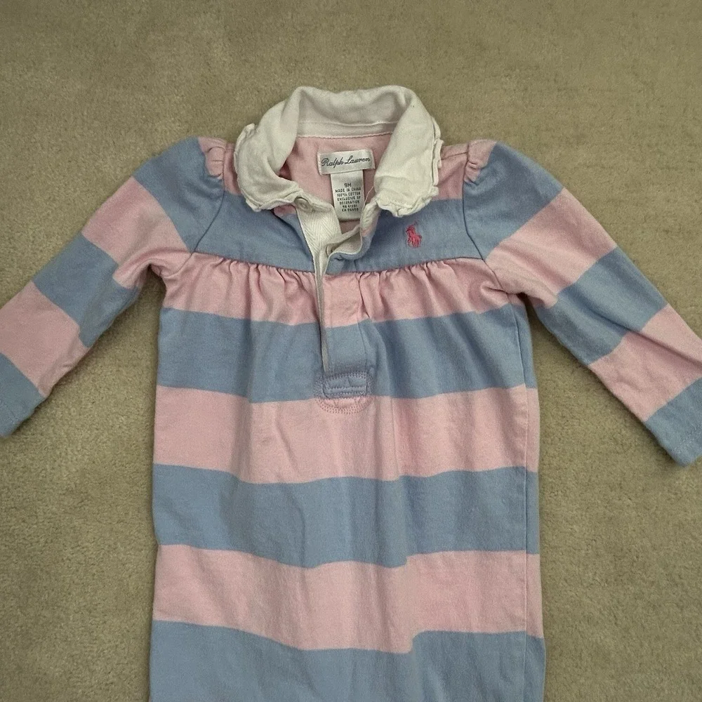 Ralph Lauren Baby Girl Romper 9M Pink Blue Striped Long Sleeve
